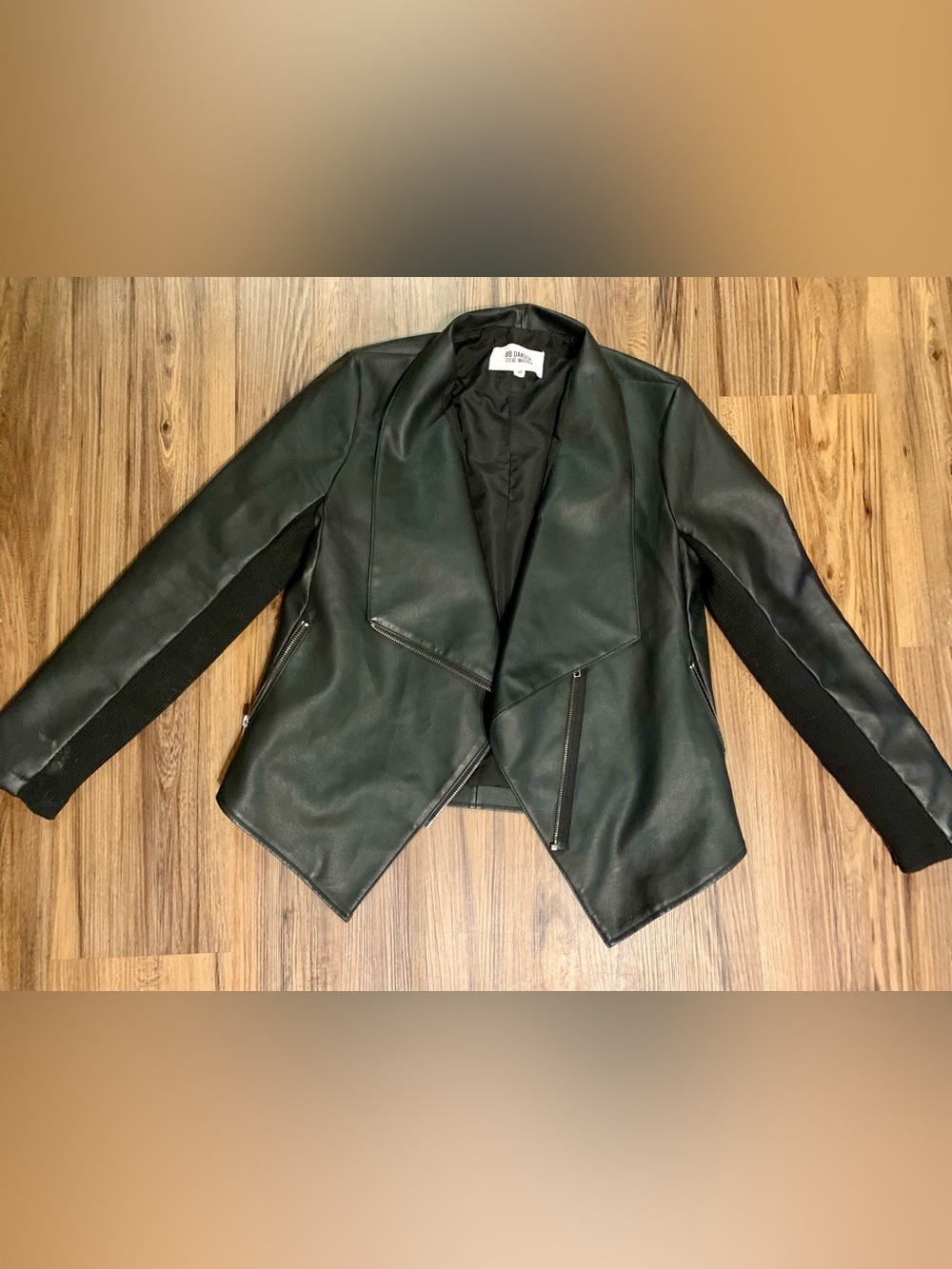 BB Dakota Black Faux Leather Drape Front Jacket